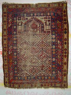  Shirvan Ivory-ground Lattice prayer rug, 108 x 140 cm. Dated 1919? Excellent colors.