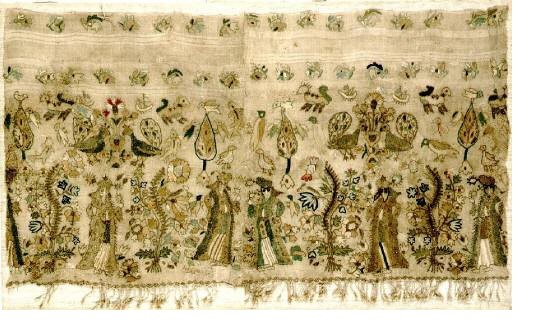 Embroidery border. Rare Asia Minor embroidery representing female figures in an idyllic imaginary setting. From Asia Minor, 17th-18th c. 0.69x0.38 m. (ΓΕ 6736)   image and text copyright Benaki Museum