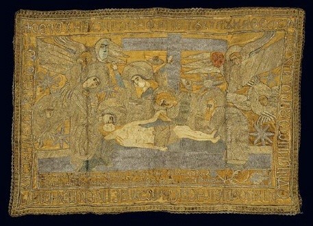 An epitaphios dated 1649 and embroidered with gold thread. A votive offering of one Ioannis Komnenos to the church of St Kyriaki at Molyvos in Mytilini. This otherwise unknown donor, probably an ancestor of the doctor and philosopher Ioannis Komnenos, bears the name of emperors who were members of an important Byzantine dynasty. 0.51x0.81 m. (ΓΕ 9341) image and text copyright Benaki Museum