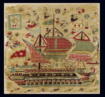 Embroidered bridal cushion with depiction of a three-masted schooner. Earlier the small flag with a cross on the extreme right used to be considered proof that the item was made in the 19th c. when this type was officially established in the reign of Othon. However, it seems more likely that the cross, repeated in the vessel’s large flag, has a protective rather than national significance. One of the better known objects in the Museum, it is considered one of the most outstanding examples of neo-Hellenic embroidery. The monumental dimensions of the central design in comparison with the extremely small-scale human figures never fail to impress. From Skyros, a Sporades island. 17th c. 0.43x0.46 m. (ΓΕ 6389) image and text copyright Benaki Museum