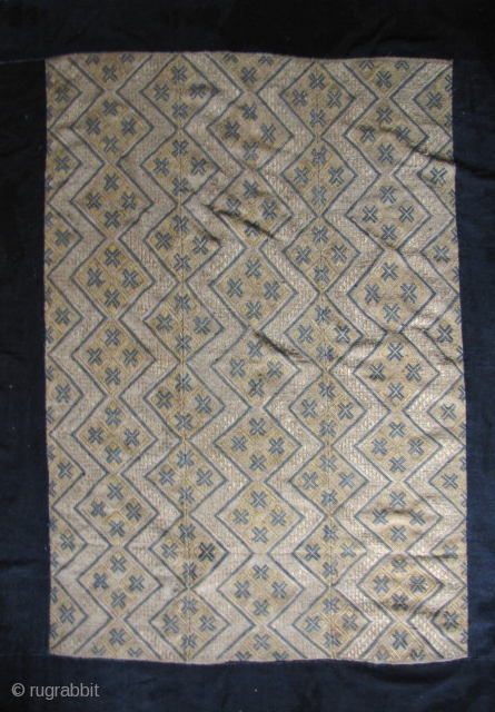 Fine old Bouyi (aka Buyi) three paneled wedding blanket from South China. This is woven from all hand spun cotton and silk floss thread and natural dyes (exception being the purple dye  ...