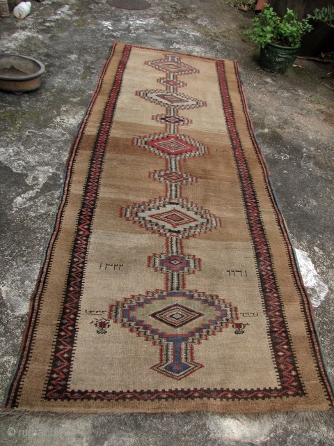 Early 20th century Gabbeh wide runner. All natural dyes about 6cm missing off the ends and one old repair. l: 262cm/103 and w: 103cm/40.5in. There is some simple Arabic script at the  ...