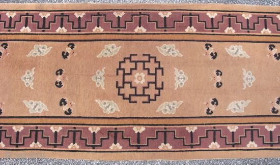 Art Deco Chinese runner, hand knotted wool, China, ca.1930-40, bats and clouds on a tan field with an aubergine-plum border, earthy peach, black, and pale gray-green accent colors, near mint condition, size ...