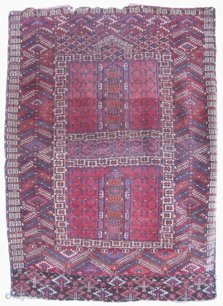 Tekke ensi, Turkmenistan, mid 19thC, curling leaf design in the central panel, the rich saturated colors of the skirt are more like an Arabachi, selvages not original, small amount of ends missing  ...