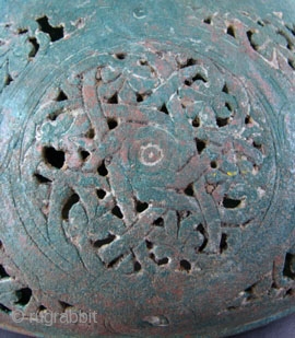 ISL_0170 Central Asian Bronze Lampstand with Shade and Related Lamp, 12th Century, 24" Tall, This is an extremely rare example of a 12th Century lampstand complete with its original shade. ...