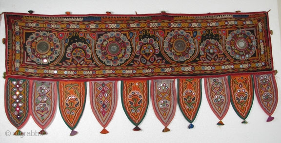 Indian Hanging #5, Silk Embroidery on Cotton, 19 x 44.5 Black Background