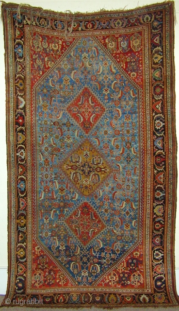 Super Kashkuli carpet ca 1860 approx 8 by 5 feet. The Sky blue field and mustard yellow medallion are as good examples of colour you will ever find. 
Evenly worn this carpet  ...