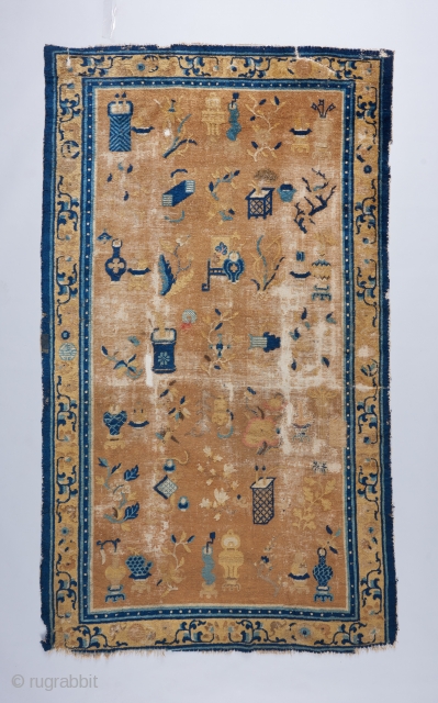 Very interesting early 19th century Ningxia rug with hundred antiques design. Challenged condition as visible. 7'4" x 4'3"               