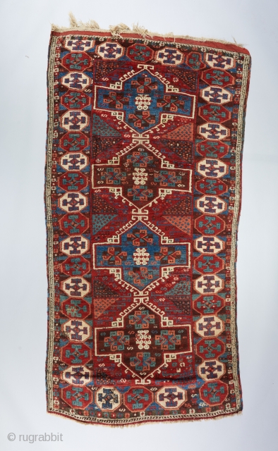 Anatolian long rug in full glorious pile recently acquired. Very small hole at the bottom. Crooked. 8'10" x 4'4".              