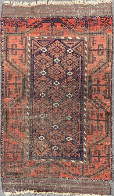 Baluch - as found about 34 inches x 56 inches.  Overall wear, complete with kilim bands                