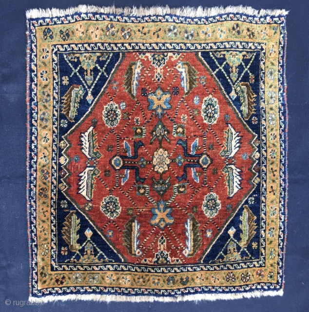 Qashqai full pile khorjin bag face. Cm 60x64. Early 20th c if not earlier. Beautiful, proportioned, interesting. Natural dyes. In good condition. The numbering on the back might be either the cataloging  ...