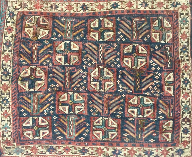 Sumack khorjin bag face. Cm 38x50. Kurdish? Shahsavan? In any case antique, approx 1870/80, beautiful, all natural dyes and a very interesting design with crosses and anthropomorphic figurines.     