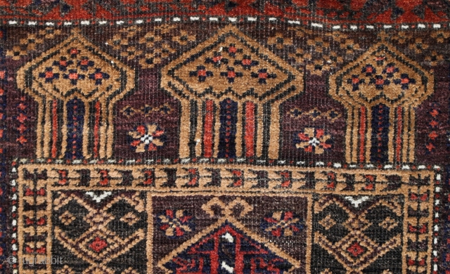 Baluch "Mosque Prayer", first Quarter 20th c.; 114 x 64 cm (3`9" x 2`1"), black bit corroded;very good condition,nice glossy wool, sides original, ends about 1cm (1") Kelim,