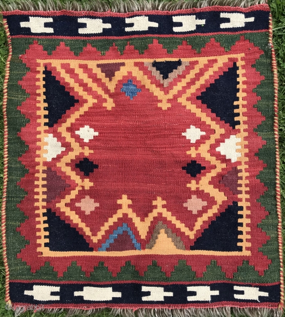 Small Persian kilim, 73x66cm, all natural colours, beautiful forget me not blue, goat warps, mint condition, gently washed.               