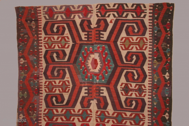 Anatolian kilim (big price reduction) with three large central medallions, 5 x 14 feet, circa 1800-1825 with considerable reweaving of black yarn in the borders and some reweaving in the field as  ...