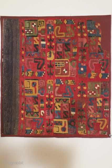 Pre-Columbian panel, post Wari, circa 900-1000 AD with 6 anthropomorphic figures, 21 x 23 inches.. The panel is patterned by supplemental wool weft embroidery on a plain weave cotton ground. The iconography  ...