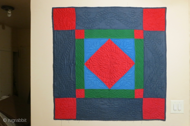 Lancaster County Pennsylvannia child's quilt, cira 1940's, 47 x 47 inches, made of cotton and synthetic fabrics. Excellent condition.              