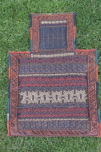 Fine SE Iranian salt bag. 24 in. X  17 in. Wool. Natural dyes. Weft substitution and weft float weave; plainwoven striped back with brocaded embellishments. A rarity in such perfect, as  ...