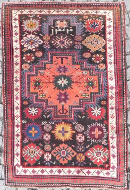 A Charming Antique Caucasian Kazak Prayer Rug, Dated 1320 (1903 AD). 4.8 x 3.3 ft.                  