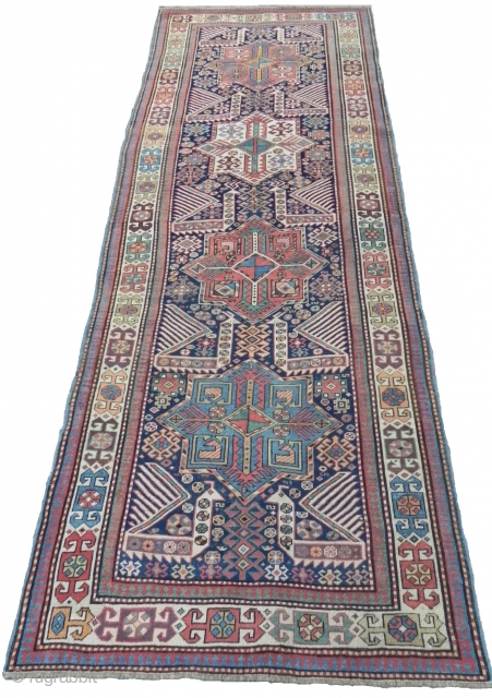 Antique Caucasian Akstafa long Rug, 9.8 x 3.6 ft                        