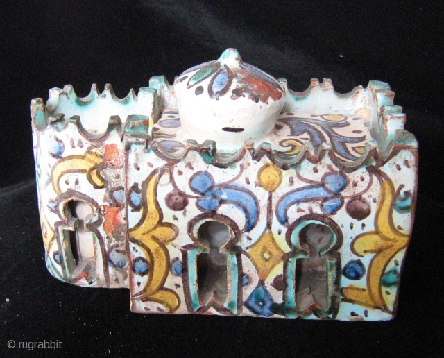 Rare 19th cent.Fez ceramic incense burner,cm.8x9x16,some damage.See "Arts et Cultures du Maroc",ACR Edition