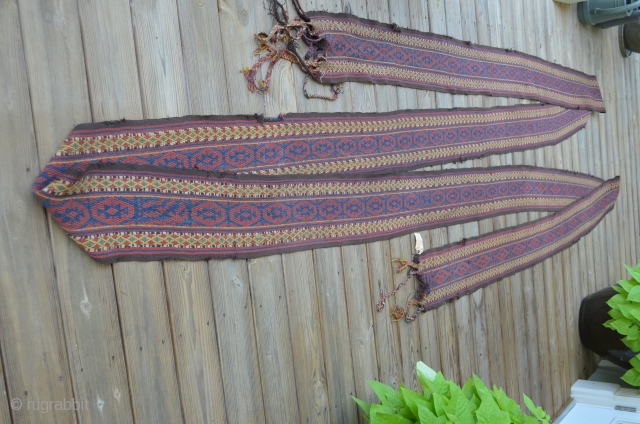 Afghan Tent Band in primarily blue, yellow and red, with accents of turquoise, brown and ivory. Measures 44' 6" x 9"