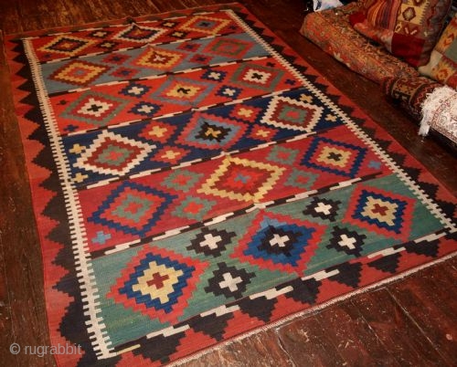 ANTIQUE CAUCASIAN KILIM, SUPERB DESIGN & COLOUR, SMALL SIZE, CIRCA 1900
www.knightsantiques.co.uk
Size: 8ft 4in x 5ft 7in (255 x 170cm).
Antique Caucasian kilim of small size
Circa 1900
A beautiful kilim with superb colours
Very ...