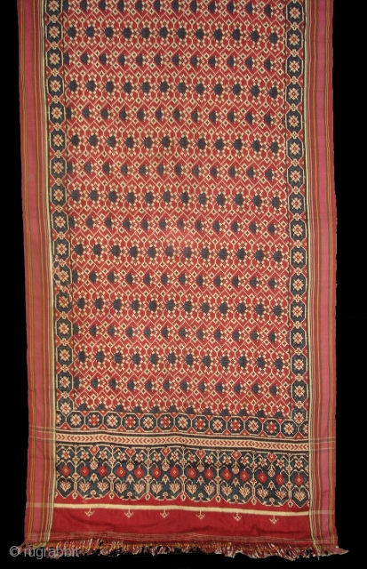 Patola Sari,Silk Double Ikat.Probably Patan Gujarat.This Patola known as Tran-phul-bhat(there flowers design).This Patola is one of the most Rare designs.and in indigo blue colours.Which is very rare in the world now.Its size  ...