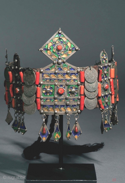 Diadem, silver, enameling coral on leather, early 20th c Benni Yenni, Great Kabylia Algeria