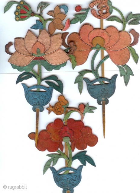 appliqued silk figural group used as alter ornaments and standing along with incense sticks, embroidery , padding late Ching period Sold as group          