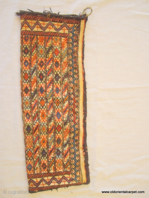 PERSIAN BACHTIAR TENT BAG / ARTIFACT. This very unusual bag is woven as a small embroidered kilim which has been doubled over and two sides overcast in goat hair to form a  ...