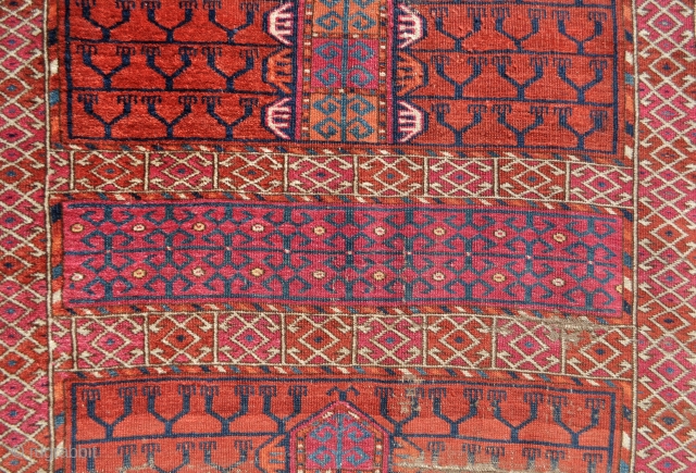 Tekke Ensi with wonderful drawing, brilliant natural colors, fine weave, many unusual early features/motifs, 19th c. - 4'4 x 5'4 ft. - 142 x 162 cm. no repairs done, not dirty but ...