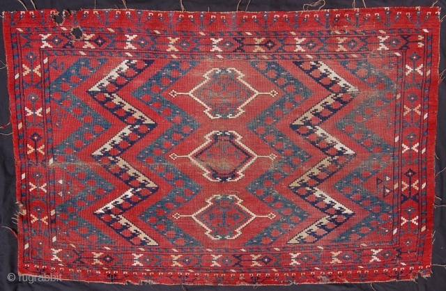 Antique Ersari chuval with cotton pile. 140 x 92cm. Organic dyes. Wear and some holes but a good example for a fair price.          