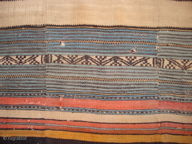 This kelim from the 2nd or 3rd quarter of the 19th century is
probably Moroccan and has vibrant colors. It has wool wefts and cotton warps, and
has been hung on a wall for  ...