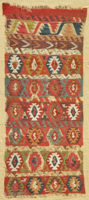 Anatolian kilim fragment, beautiful palette of natural colours including apricot, gold, aubergine, light and dark blue and green, some areas of white are wool, some are cotton, professionally mounted on linen, 182  ...