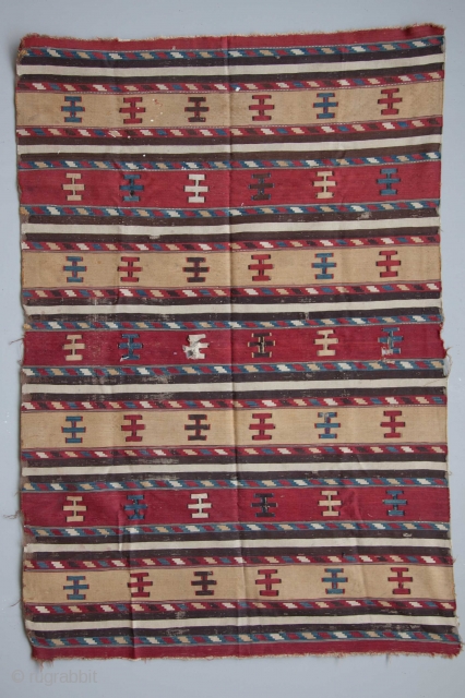 Persian/Caucasian kilim, 193 x 131 cms, finely woven, no repairs, has considerable age, all colours appear to be good.              