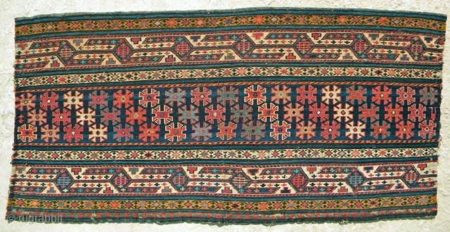 NW Persian sumak mafrash side panel, 99 x 47 cms, probably southern Shirvan area, great range of colours and a rare centre section design, mix of silk and cotton foundation wefts; some  ...