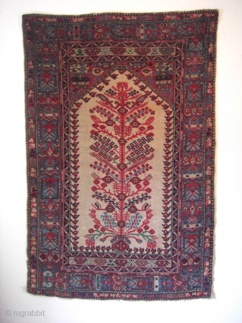 An old Anatolian prayer rug on wool foundation. 180 X 118 cm. Good shape with good pile. A small repair and small open part at left selvage (pic 4).    
