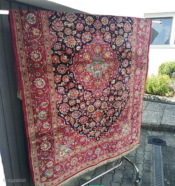 An old Iran Kashan silk on silk rug with 210/140 cm. Very good condition with even good pile.               