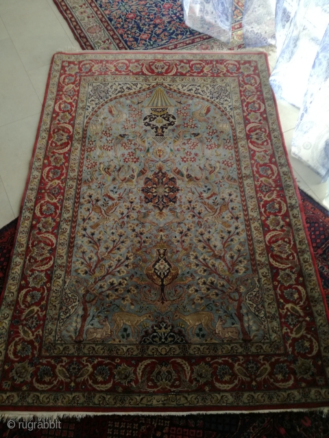 Old fine Isfahan Ahamad Zojaji signed. In as found condition, full pile with one small moth demage at the description. 163/110 cm.           