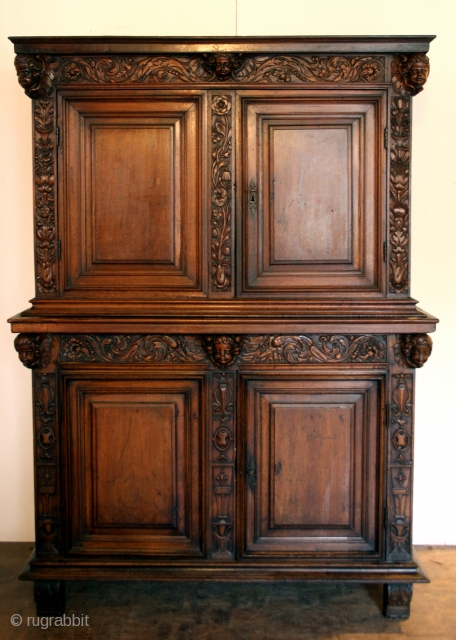 Italian 17th century Cabinet, walnut. 
In 2 parts, High 183 Cm  6 ft 1 inch
Wide 164 Cm   5 ft 6 inch
deep 60 Cm    2 feet. 
in  ...
