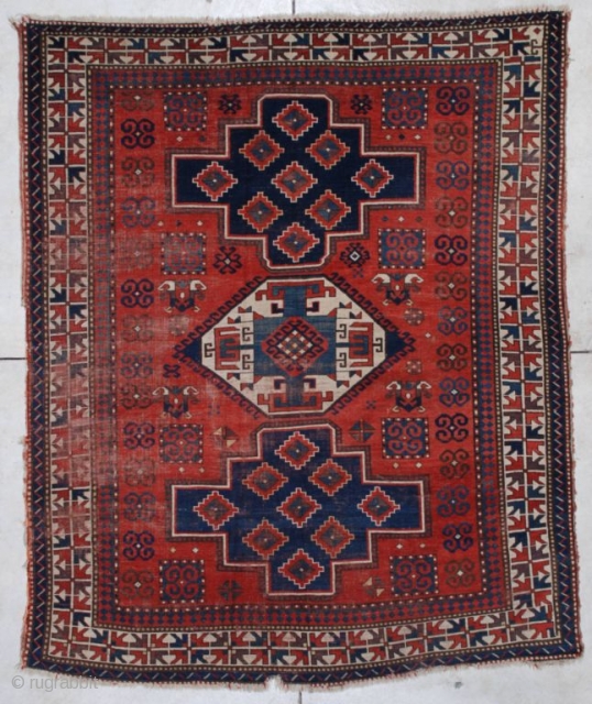 http://www.antiqueorientalrugs.com/CLOSEUP%20PAGES/7173%20Kazak.htm This late 19th century Lori Pambeck Kazak measures 6’4” x 7’9”. It has three medallions in medium blue, dark blue and ivory with a very typical Lori Pambeck motif. It has ...