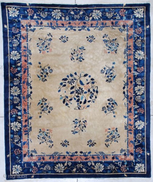 http://www.antiqueorientalrugs.com/CLOSEUP%20PAGES/7226%20Peking%20Chinese%20Rug.htm This circa 1900 Peking Chinese Oriental rug measures 8’0” X 9’7”. It has lustrous velvety wool. There is a central medallion of vines and flowers surrounded by sprigs of flowers ...