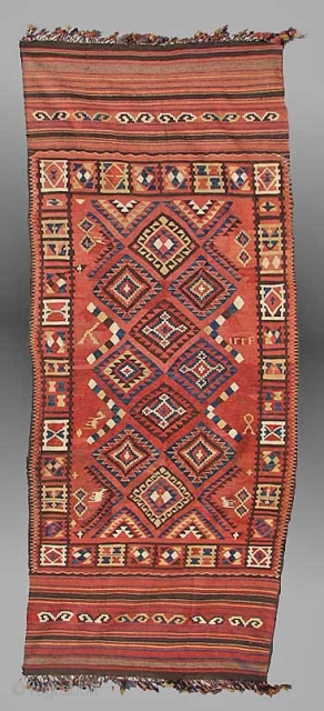 Kilim from east Afghanistan, approx 4' x 10', early 20th century
An rare weaving from Afghanistan, a type that is known as "Mokhari" in the Afghan marketplace, named after the marketplace village of ...