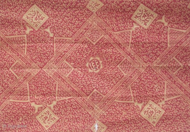 Kain Kaligrafi. Jambi, Sumatra, Indonesia.
20th century batik cloth with stylized calligraphy. Used as a ceremonial shroud or a ritual shoulder cloth. The striped pattern along each end is typical of Jambi batik ...