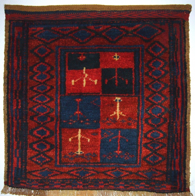 # 605 Two rare Luri khorjin fronts with aliens, each 58/61 cm, SW-Persia, early 20th century, good colours and condition, only min. resto., never seen before pattern, an evidence for aliens in ...