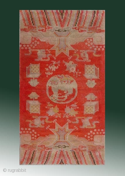 No.R094 * Chinese Antique "Lion" Rug , Age: 19/20th Century. Size: 69x130cm(27"x51").Origin: Baotou-Suiyuan.Shape: Rectangle. Background Color: Reds.