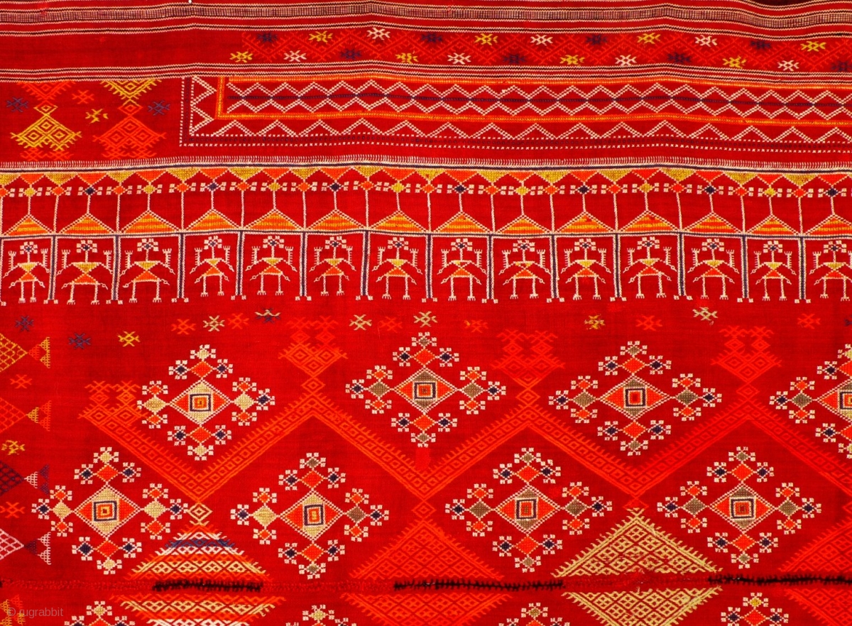 Odhani, embroidery on fine red handwoven cotton cloth, Rajasthan/India