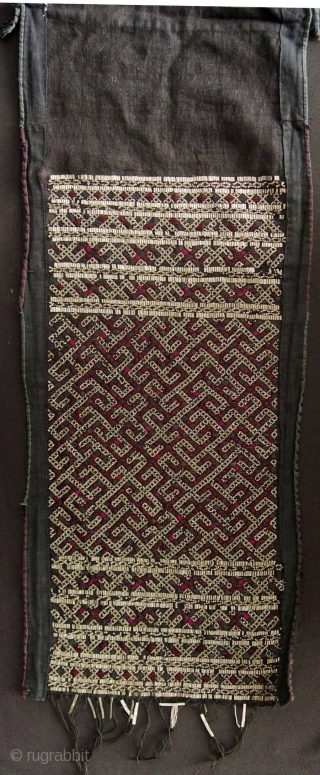 Chinese Jiupang Miao Tin Embroidered Panel: Very rare complete jacket back panel from the remote Miao Jiupang group from Jiahe County, Guizhou province with purple embroidered pattern between the spaces in the  ...