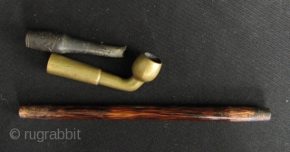 Antique Japanese Tobacco Box and Pipe: Two old Japanese tobacco pipes with sheath and box sets. The branch shaped pipe holder has been repaired and the inner lip in the blonde wood  ...